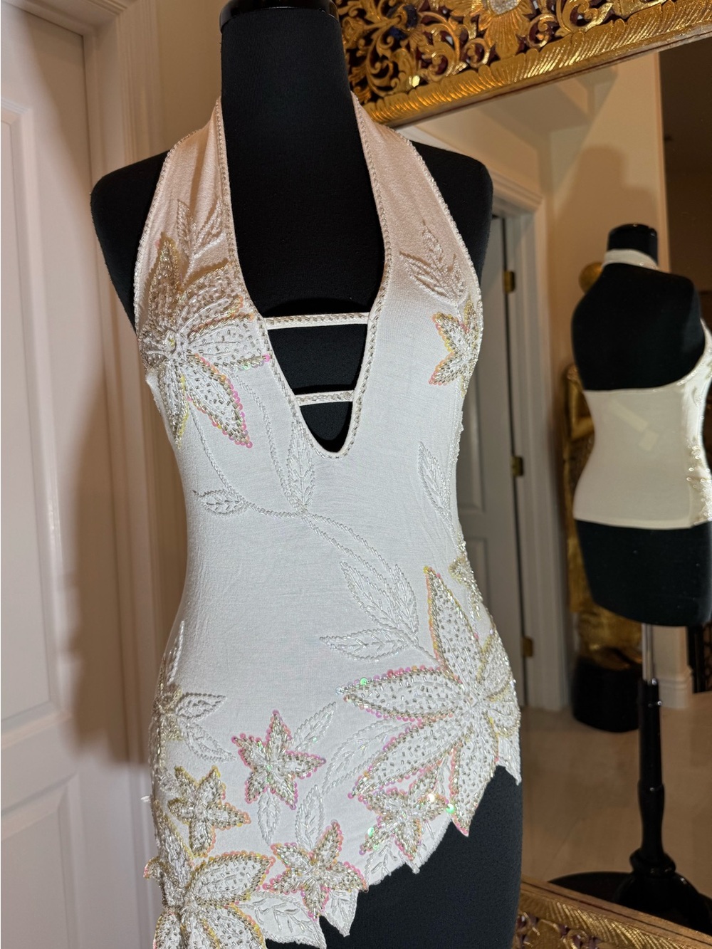 White Embellished hand beaded stretch Halter Camisole Top - Picture 4 of 6